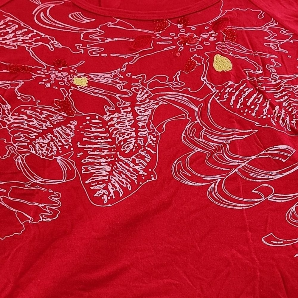 Bella Carra Graphic Tee Women's Large Red Floral Sequin Y2K Boho Embroidered - Picture 3 of 10